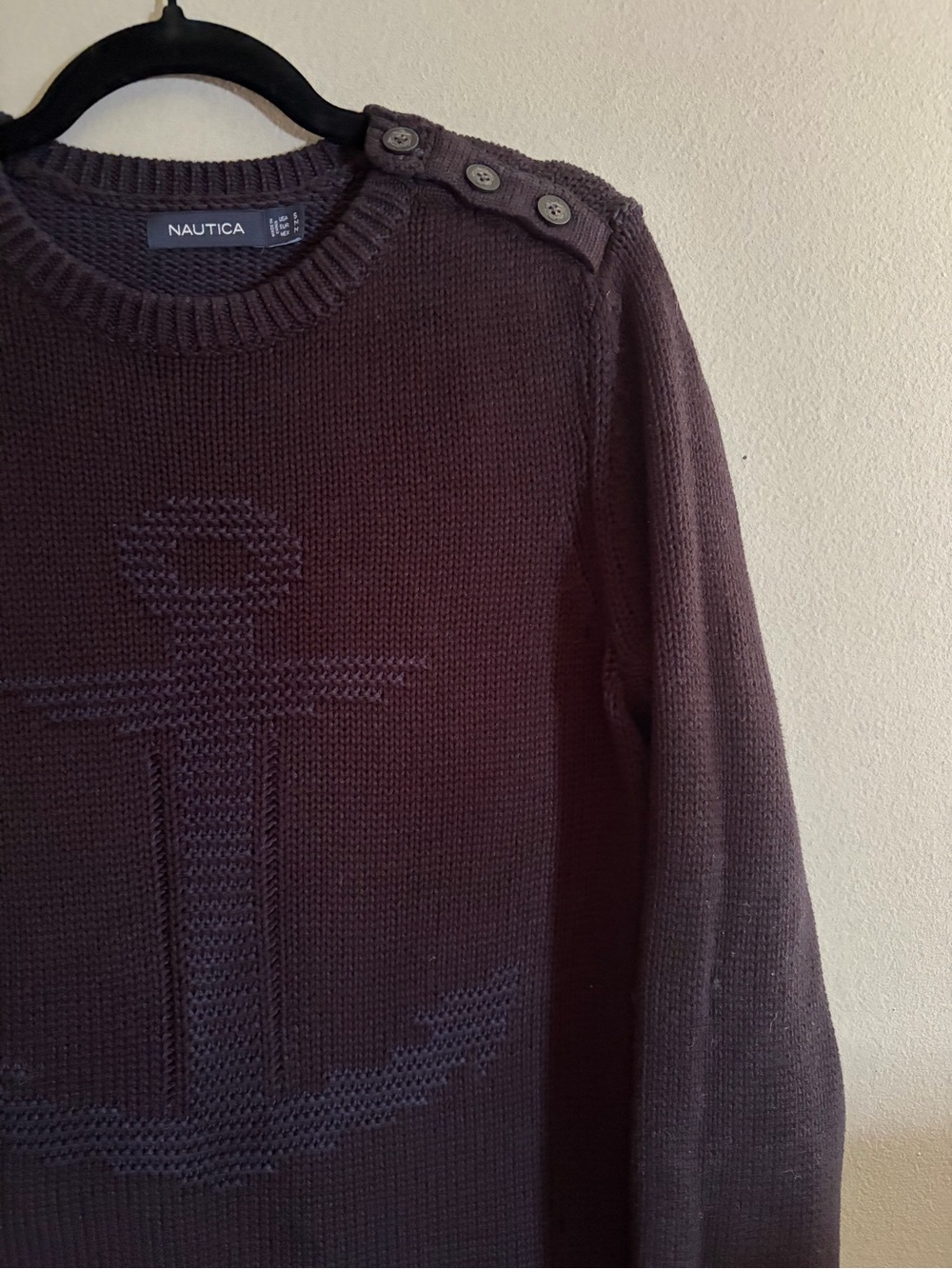 Nautica Anchor Knit Sweater Navy 100% Cotton Crewneck Shoulder Button Nautical - Picture 4 of 14